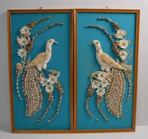 Vintage Bird Shell Art MCM Retro Framed Wall Hanging Collectible Kitschy Beach - Picture 1 of 24
