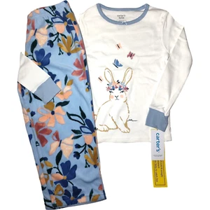 Carter's Toddler 4T Bunny 2pc Pajama Set Fleece Pants Cotton Top Girl Floral - Picture 1 of 4