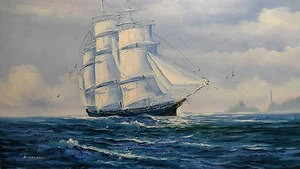 K Maskell Nautical Ship Flying American Flag Signed Oil Painting On Canvas - Picture 1 of 5
