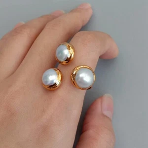 Pearl With Gold Bezel Tiny Pearl Finger Rings For Women Gift Adjustable - Picture 1 of 8
