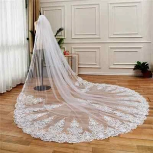 Long Bridal Veils One Layer Wedding Full Lace Edge Applique Veil With Comb - Picture 1 of 13
