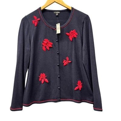 Talbots Sweater Womens Petite Large Lp Blue Cardigan Strawberry Embroidered NEW - Image 1 of 4