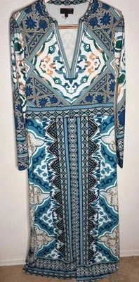 Hale Bob Long Sleeve Maxi Dress Teal Blue Multi Color Front Slit Stretchy Size L - Image 1 of 4