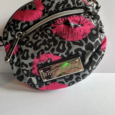 Betsey Johnson Mini Crossbody Clutch Black & Gray Animal Print w/ Pink Lips NWT - Image 1 of 4