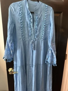 Blaues großes Kleid bestickt Langarm italienischer Stil Stickerei Quasten Slip - Bild 1 von 9