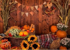 Telones de fondo de acción de gracias de otoño madera rústica granero cosecha otoño calabazas girasol - Imagen 1 de 7