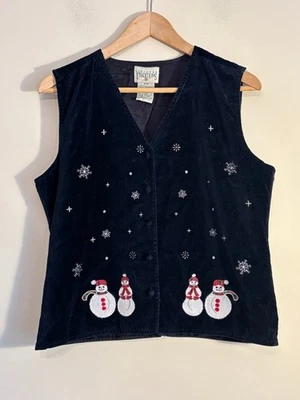 Chaleco De Colección Northern Traditions Para Mujer M Azul Marino Terciopelo Muñeco de Nieve Navidad Vacaciones Foto 1 de 4