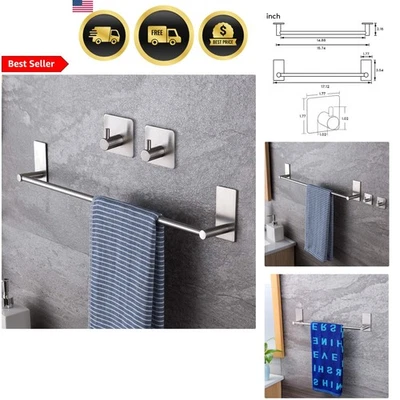 Barra de toalha de banheiro aço inoxidável autoadesiva sem perfuração 16 polegadas com ganchos - Imagem 1 de 4