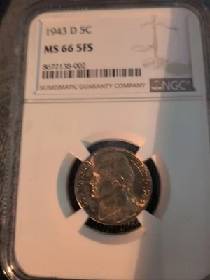 1943 D Wartime Silver Jefferson Nickel NGC MS 66 FS Full Steps  - Image 1 of 3
