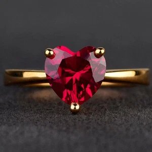 14k Yellow Gold Over 1 Ct Heart Cut Red Solitaire Engagement Ring Women's - Picture 1 of 6