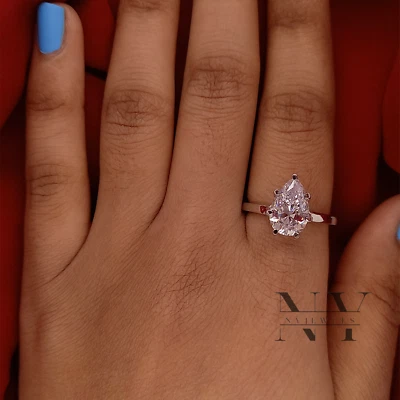 Moissanite 2.50 Carat Pear Cut Solitaire Engagement Ring Solid 14K White Gold - Image 1 of 4