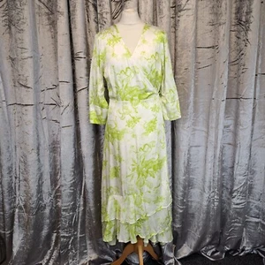 AllSaints Tage Riyaz Wrap Dress 14 Green White Floral Midi 3/4 Sleeve Flare - Picture 1 of 13