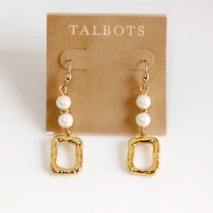 New Talbots Classic Glass Pearl Square Drop Earrings Chic Women Vacation Jewelry - Picture 1 of 3