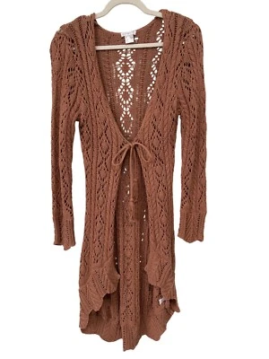 Venus Long Tie Front Crochet Cardigan Size Medium Hi Low Rust Brown Cotton NEW - Image 1 of 4