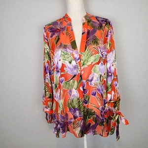Alice + Olivia Floral Leaf Print Tiered Sleeve Blouse Floral Palm Coral xl top - Picture 1 of 19