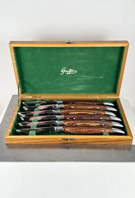 GRIFFON 6 PC. STAINLESS STEEL STEAK KNIFE SET MCM Wood Handles 8.5” Serrated VTG - Image 1 of 4
