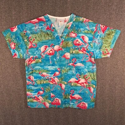 Peaches Uniforms Flamingo Scrubs Top Mens Size Small SS V-neck 3 Pocket - Image 1 of 4