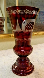 Vintage Egermann Czech Bohemian Ruby Red Cut to Clear Glass 8.25" Footed Vase - Picture 1 of 7