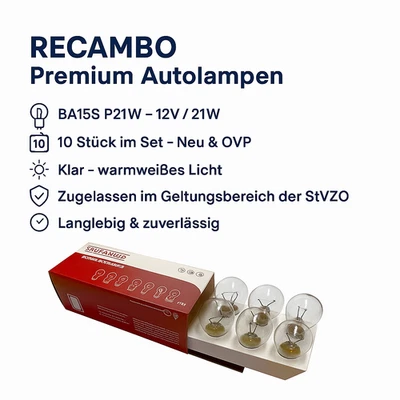10x RECAMBO BA15S P21W 12V 21W Halogen Autolampe Glühbirne klar Rücklicht Bremsl - Bild 1 von 4