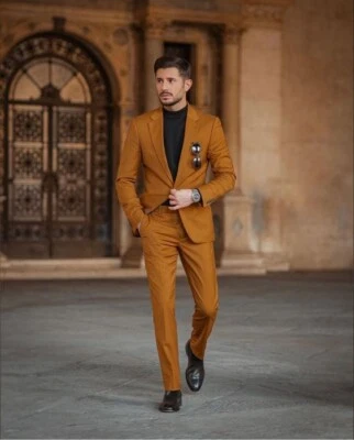 Men's Mustard 2 Piece Suit Slim Fit One Button Elegant Formal Casual Dinner Suit - Image 1 of 4