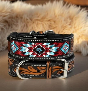 Western Leather Beaded Handmade Pet Dog Collar Heavy Duty Hand Tooled Adjustable - Picture 1 of 8