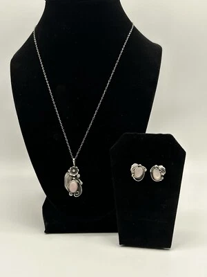 VTG Old Pawn Necklace And Earring Set MOP Stone Pink Hues - Image 1 of 4