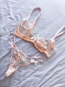 Agent Provocateur • Zuri Floral Pastel Pink Sheer Lace Floral Bra Set • 32D/M - Picture 1 of 14