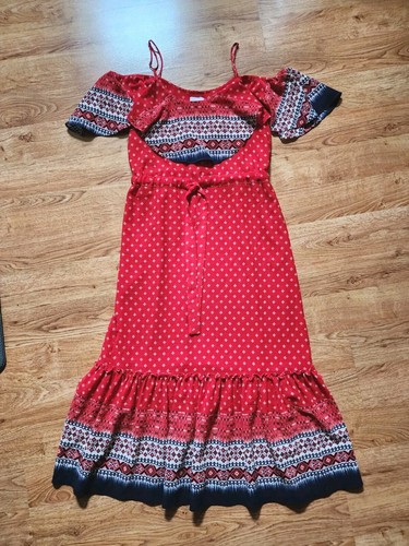 PALM ANGELS Abito midi MISA Los Angeles spalle scoperte spalle fredde rosso azteco taglia XS volant