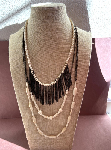 OFF WHITE "Collana Tre Filati Firmata BACCHE con Frange e Perline Bianco Spinto 20"