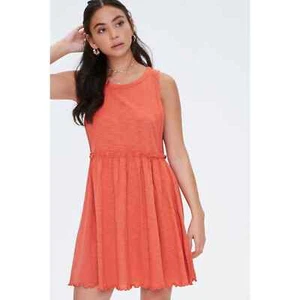 Forever 21 Ruffled Tank Skater Dress Size S Coral Lettuce Hem Above Knee Summer - Picture 1 of 12