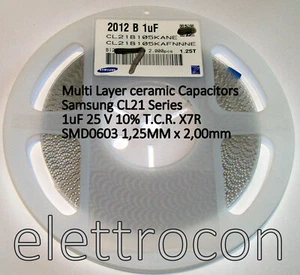 10 pezzi 1uF 25V 10% Condensatore in ceramica MLCC Samsung CL Serie SMD 0805 X7R - Picture 1 of 1