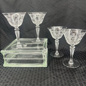 VINTAGE 1941-1966 TIFFIN CERICE OPTIK ROSE GEÄTZTER KRISTALL 4 CHAMPAGNERGLAS 5" - Bild 1 von 9