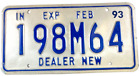 Vintage Indiana 1993 New Dealer License Plate Garage Man Cave Collectors Decor