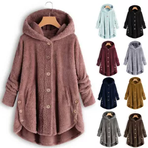 Women Plus Size Button Plush Tops Hooded Loose Cardigan Wool Coat Winter Jacket - Picture 1 of 20