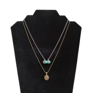 Lucky Brand Silver & Gold Toned Gemstone Double Strand Layered Pendant Necklace - Picture 1 of 10