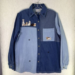 VTG Blair Embroidered Denim L/S Shirt Dog Lover Patchwork Women’s Medium Y2K - Picture 1 of 9