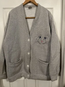 VTG Size XL 80s 90s Persian Kitty cat grey sweatshirt cardigan With Pockets USA - Picture 1 of 6