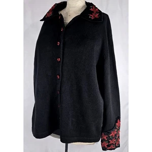 Heirloom Collectibles Christmas Cardigan Sweater Poinsettia Beaded Black M - Picture 1 of 11