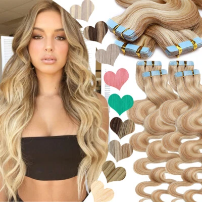 CLEARANCE Tape in Real Remy Human Hair Extensions Skin Weft Full Head Body Wave - Image 1 of 4