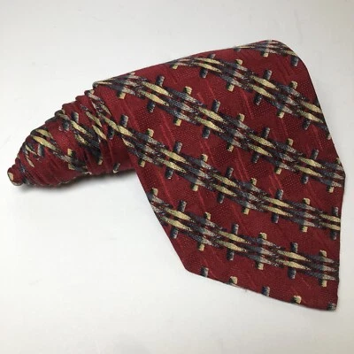 Gravata masculina XMI toda de seda feita à mão EUA ouro vermelho e prata tecido metal listrado padrão - Imagem 1 de 4