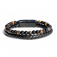 2Pcs/Set Men Leather Tiger Eye Stone Bracelets Vintage Charm Bileklik Bangle