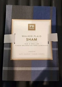 POTTERY BARN Teen Walker Plaid Navy Blue Grey Cotton Standard Sham New Unopened - Picture 1 of 3