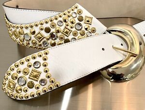 Signature Miami Florida White Leather Bling Belt Gold & Crystal Studs Lg Buckle