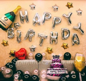 Silver Happy Birthday Foil Letter Number Latex Balloon Star Heart Party Decor - Picture 1 of 1