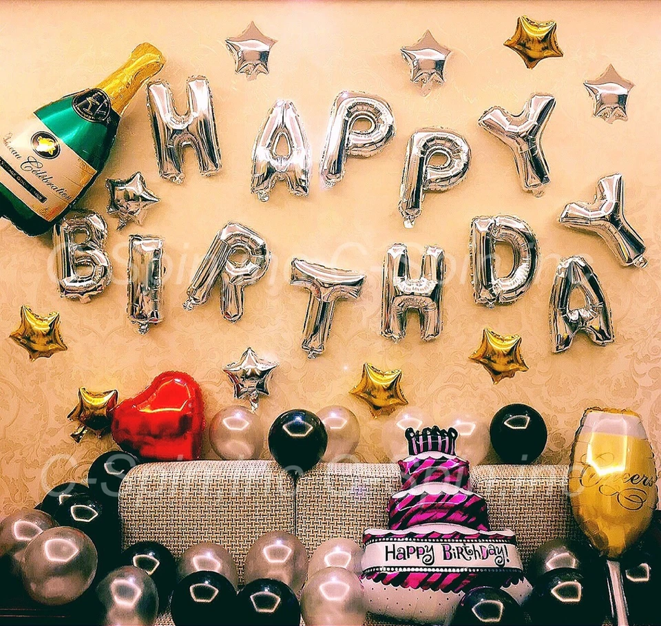 Lámina de Feliz Cumpleaños Plateada Letra Número Látex Globo Estrella Corazón Fiesta Decoración Foto 1 de 1