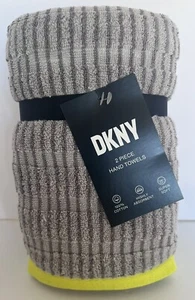 DKNY Striped Grey Hand Towels With Neon Yellow Trim- NWT - Picture 1 of 6