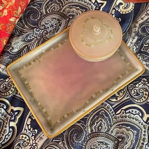 Vintage Pink Frosted Glass Vanity Set Floral Flower Gold Trim Tray Container Lid - Picture 1 of 14