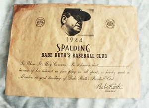Original 1944 Spalding Babe Ruth’s Baseball Club Certificate. - Picture 1 of 8
