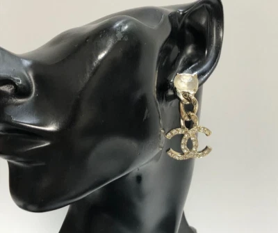 CHANEL Earrings Coco Logo Chain Drop C23C Stone Crystal Gold Plate - Image 1 of 4