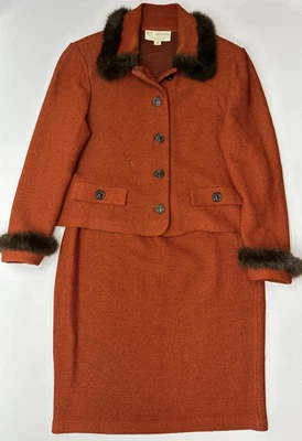 Traje falda tejida St. John óxido/marrón patrón espiga con ribete de piel sintética talla 10 Foto 1 de 4